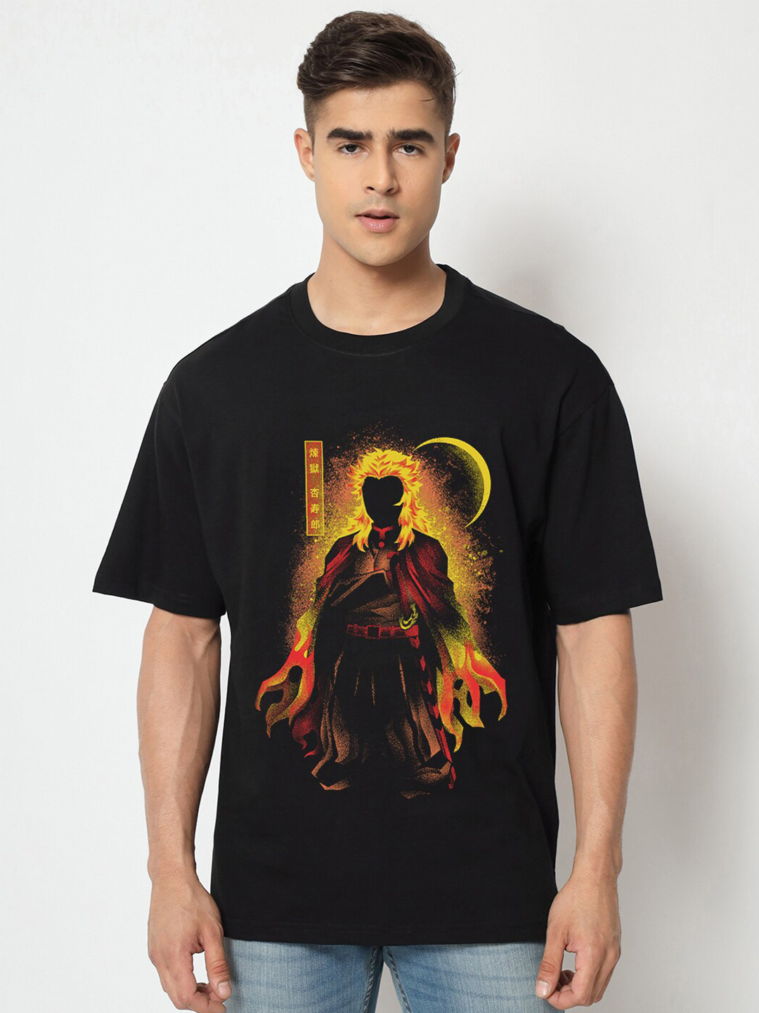 

COMICSENSE Men Anime Printed Demon Slayer Flame Hashira Cotton Oversized T-shirt, Black