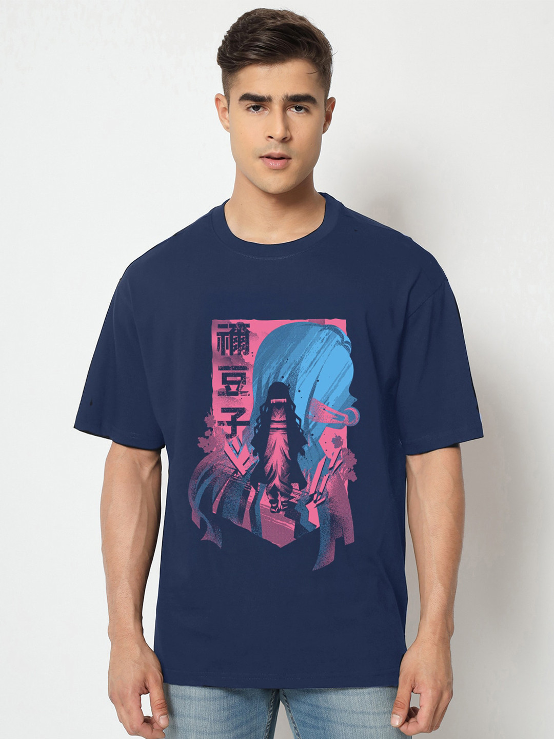 

COMICSENSE Men Anime Printed Demon Slayer Cotton Oversized T-shirt, Navy blue