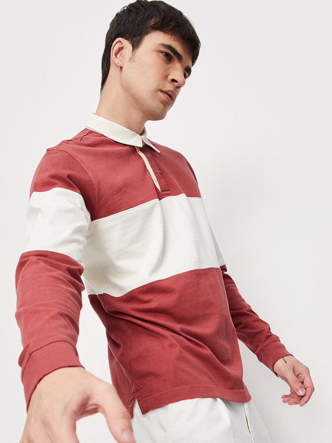 

max Striped Polo Collar Cotton T-shirt, Red