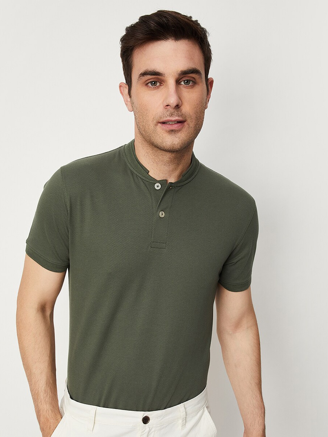

max Mandarin Collar Cotton T-shirt, Green