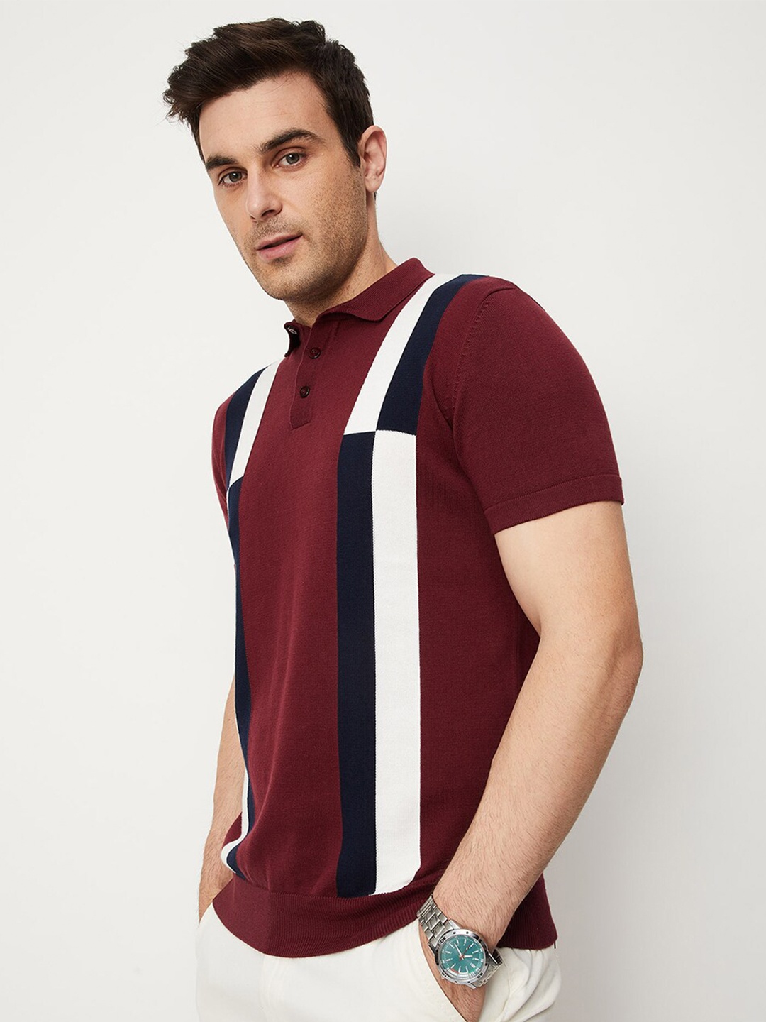 

max Polo Collar Colourblocked Cotton T-shirt, Burgundy