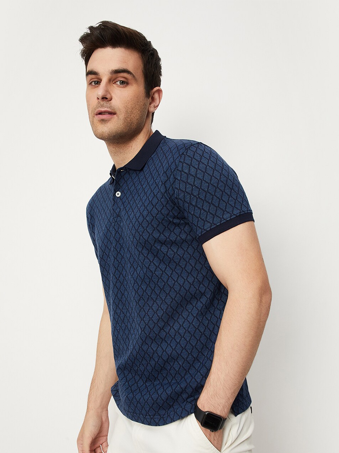 

max Printed Polo Collar Geometric Printed Cotton T-shirt, Blue