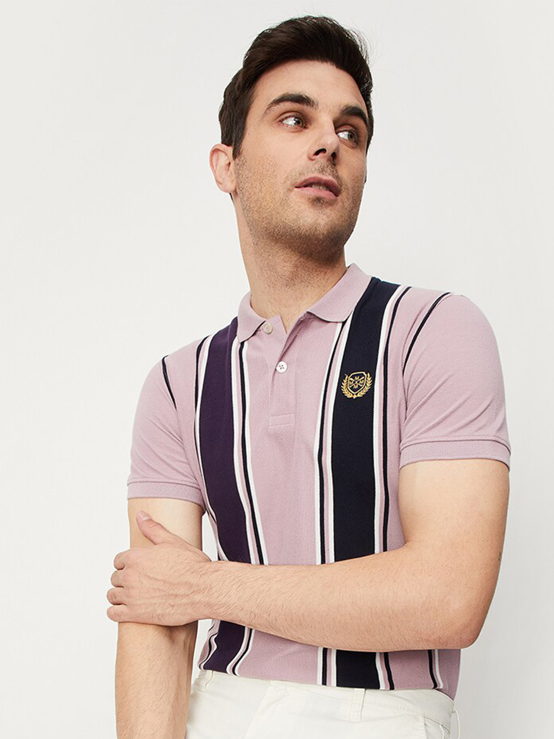 

max Vertical Striped Polo Collar T-shirt, Purple