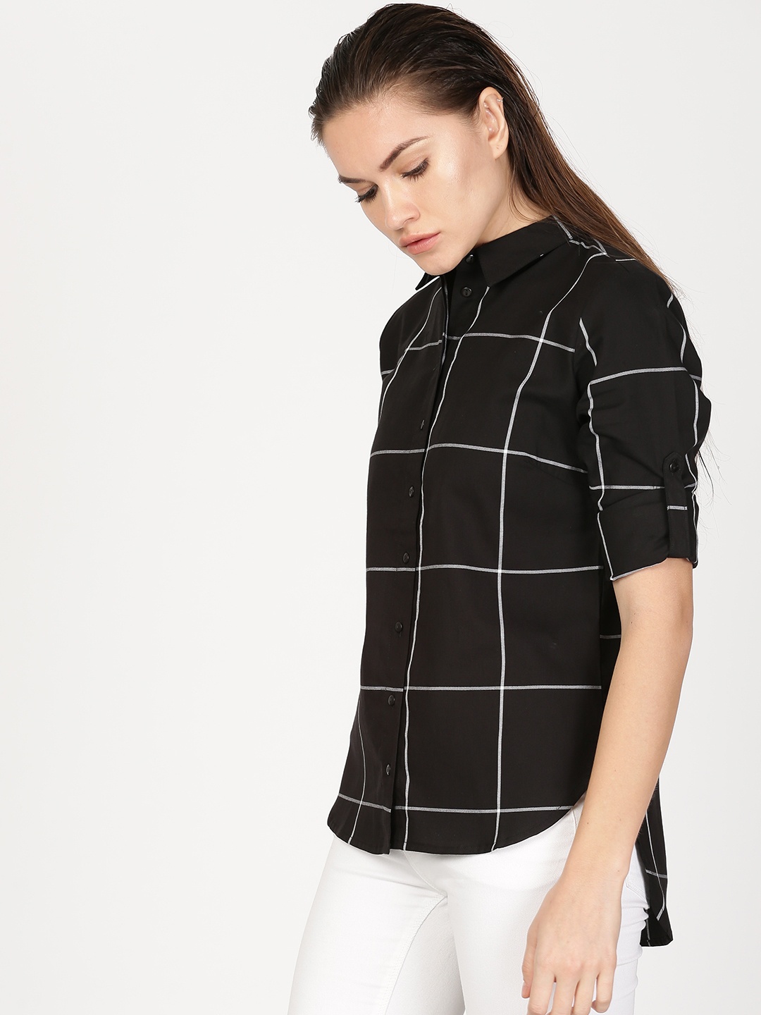 

ether Women Black & White Checked High-Low Hem Shirt