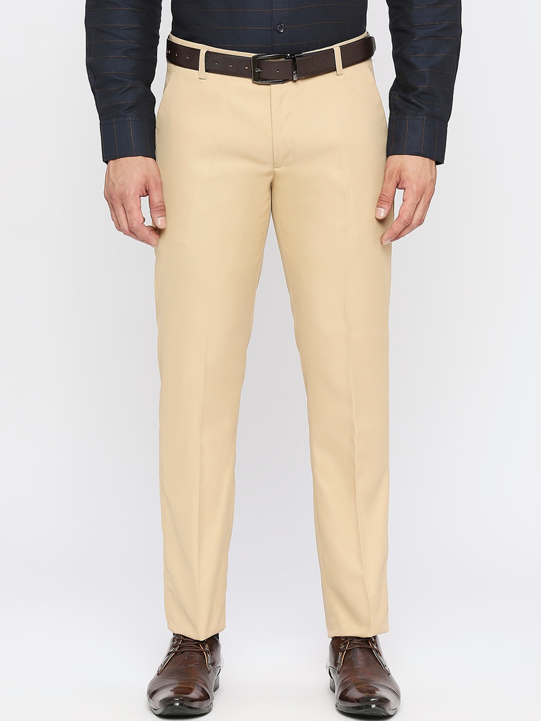 

Solemio Men Plain Flat-Front Mid-Rise Formal Trousers, Beige