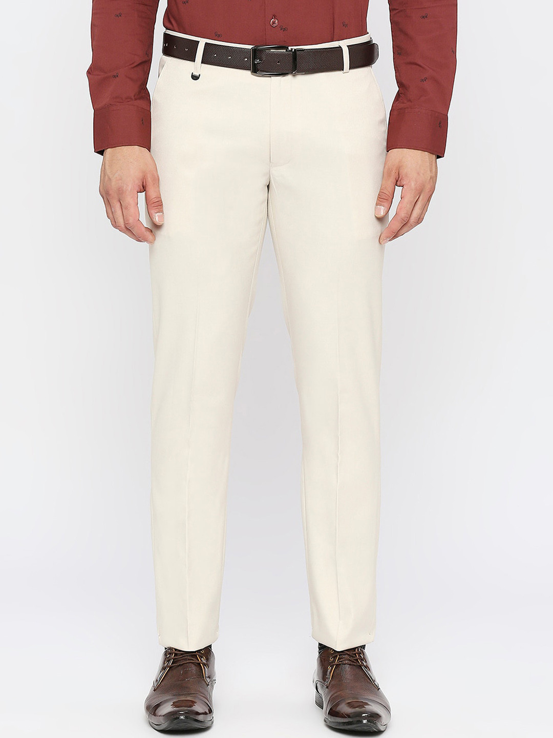 

Solemio Men Mid Rise Slim Fit Formal Trouser, Cream