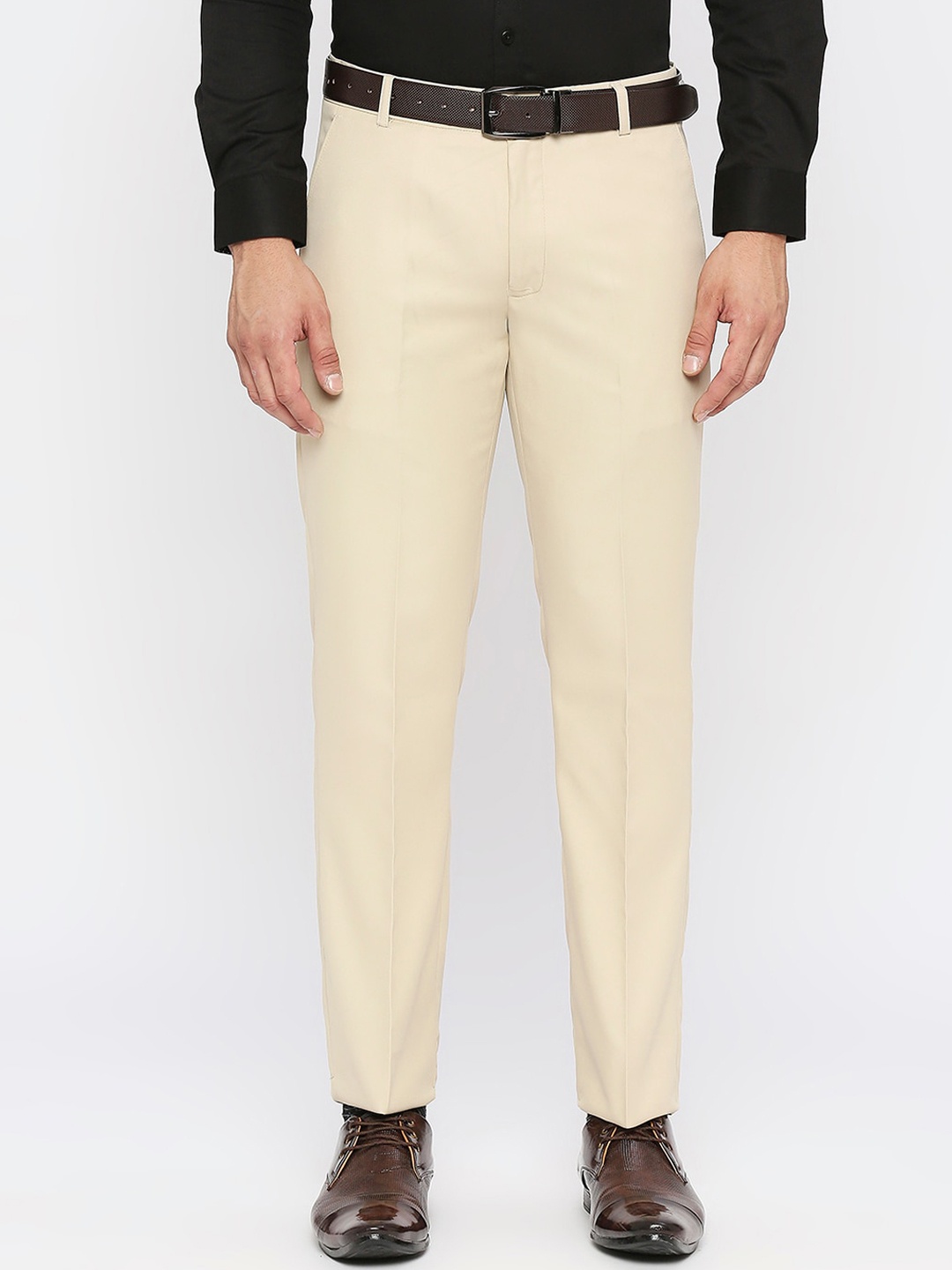 

Solemio Men Plain Flat-Front Mid-Rise Formal Trousers, Beige