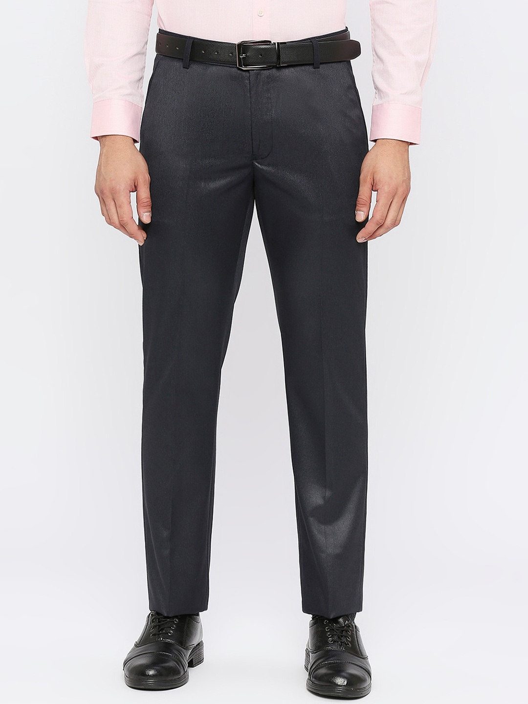 Solemio Men Plain Flat-Front Mid-Rise Formal Trousers, Navy blue