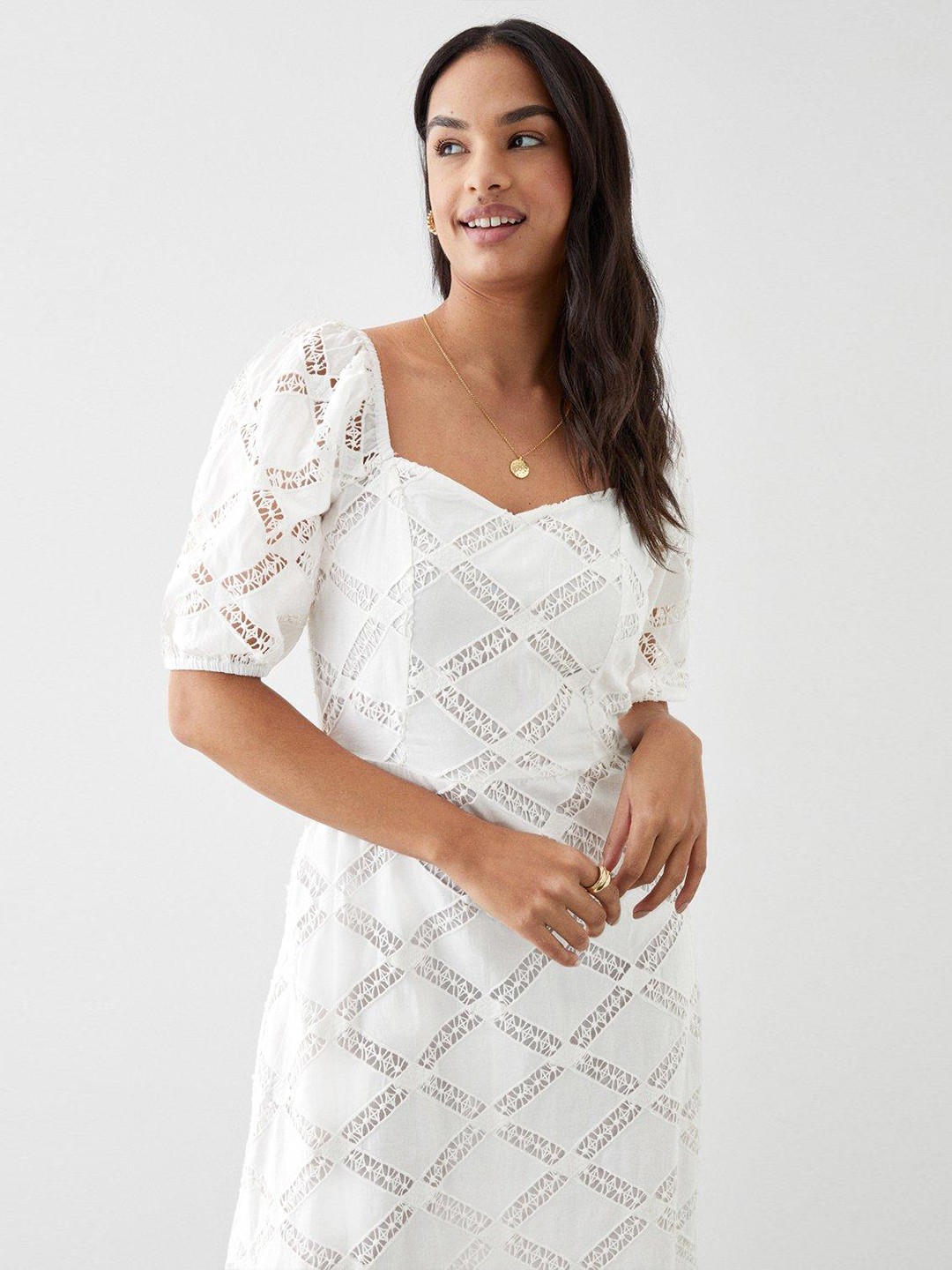 

DOROTHY PERKINS Self-Embroidered Pure Cotton A-Line Midi Dress, White