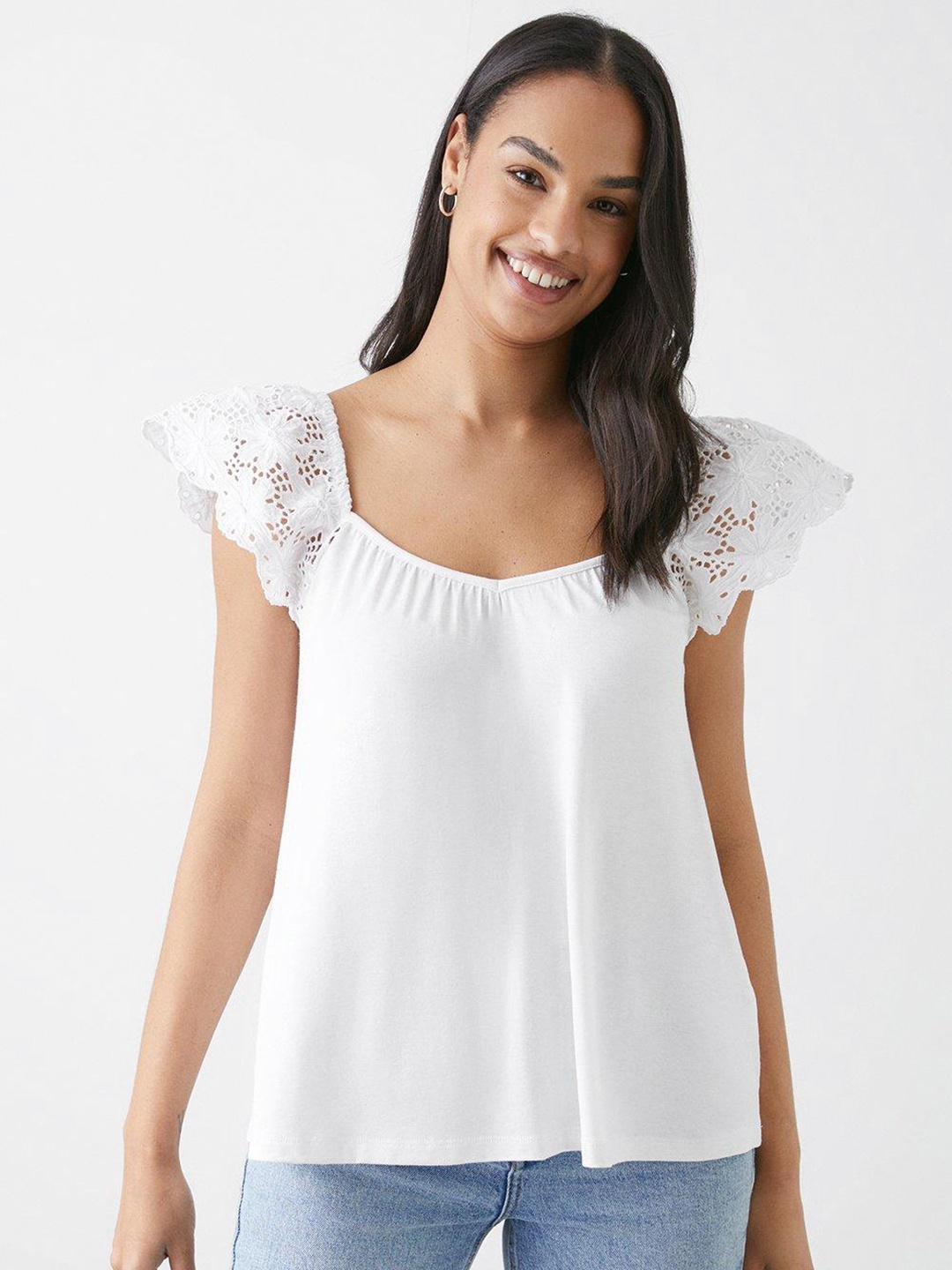 

DOROTHY PERKINS Sweetheart Neck Schiffli Detail Top, White