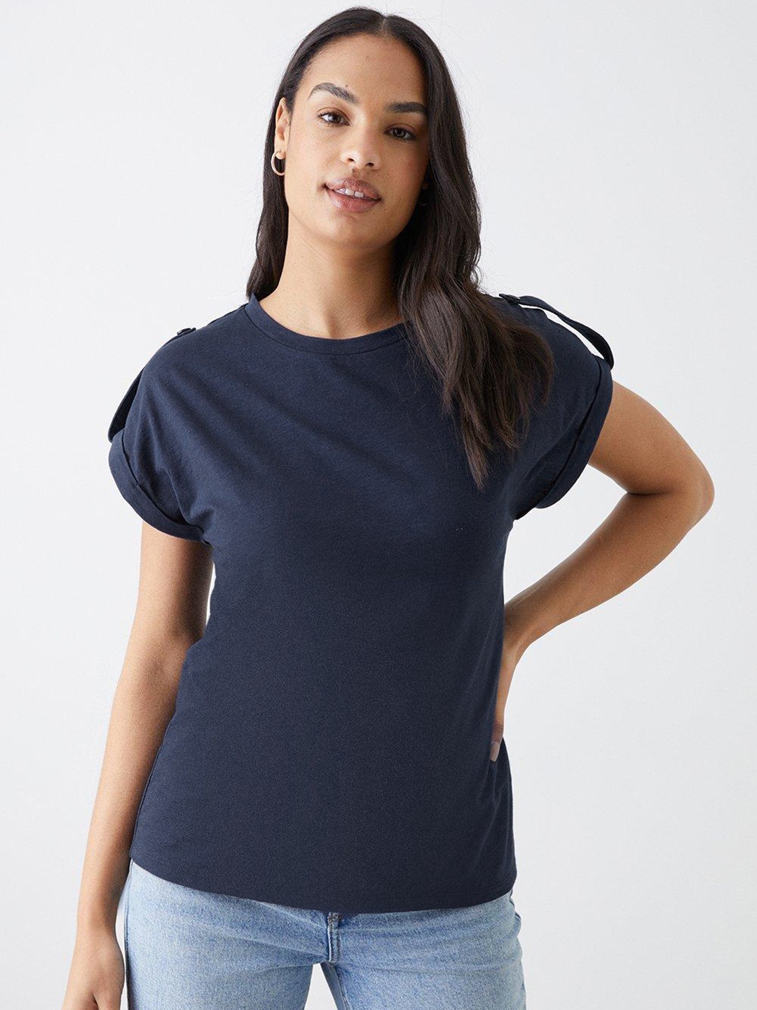 

DOROTHY PERKINS Roll-Up Sleeves Pure Cotton T-shirt, Navy blue