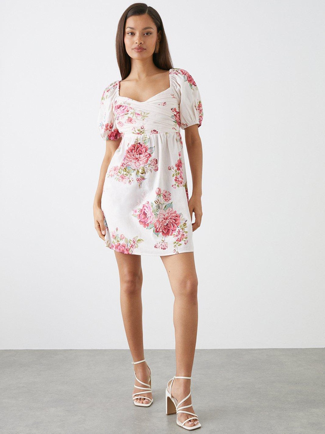 

DOROTHY PERKINS Floral Print Cotton Linen Petite A-Line Mini Dress, Off white