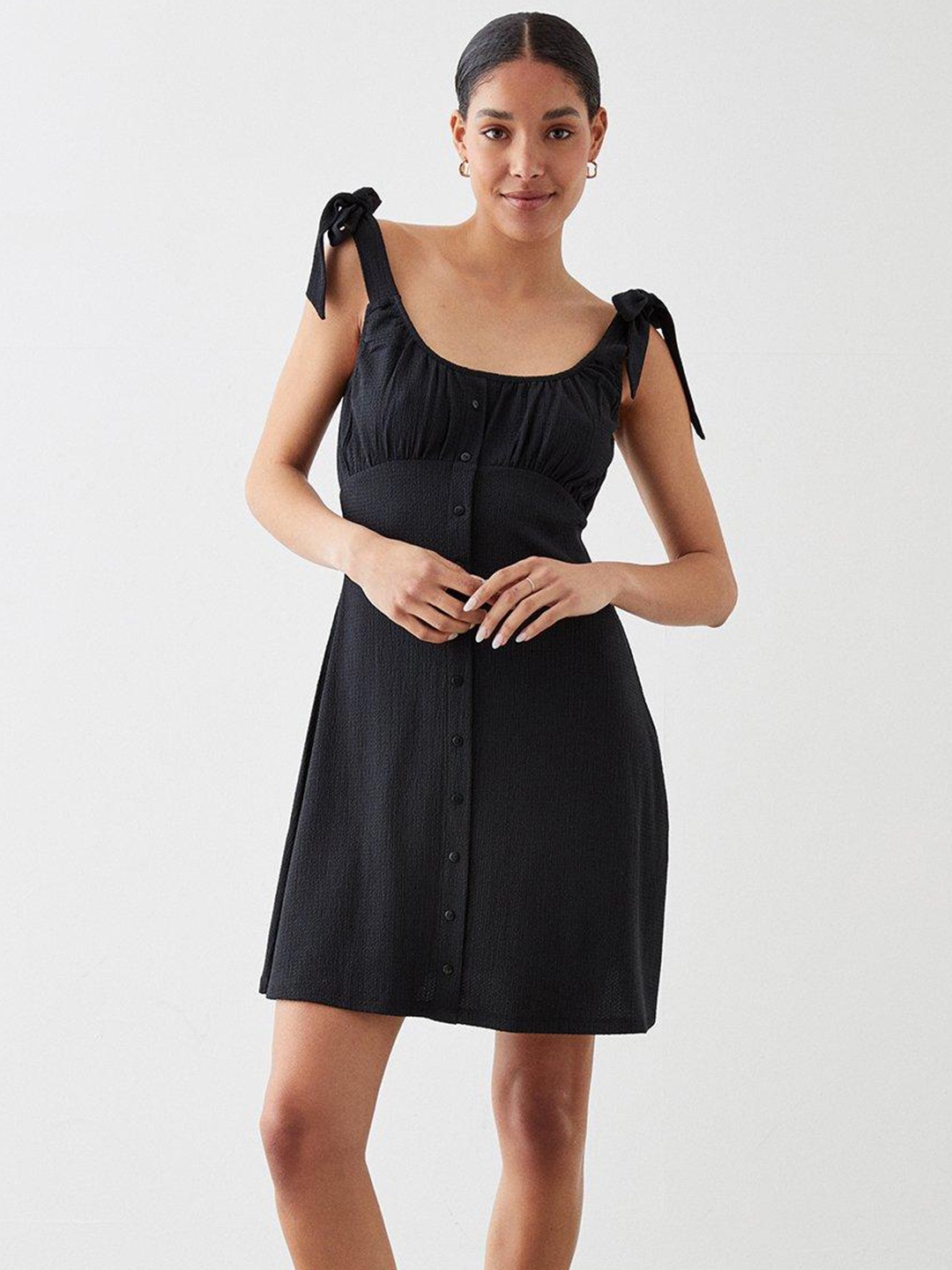 

DOROTHY PERKINS Shoulder Straps Textured Empire Mini Dress, Black