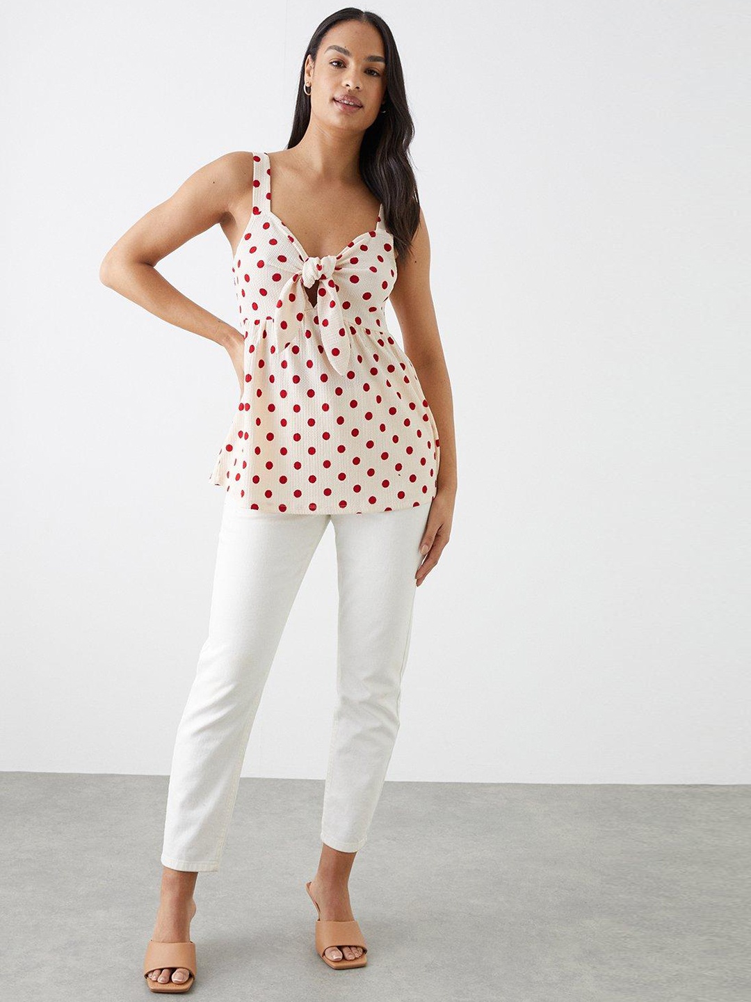 

DOROTHY PERKINS Polka Dot Print Front Knot Top, Cream