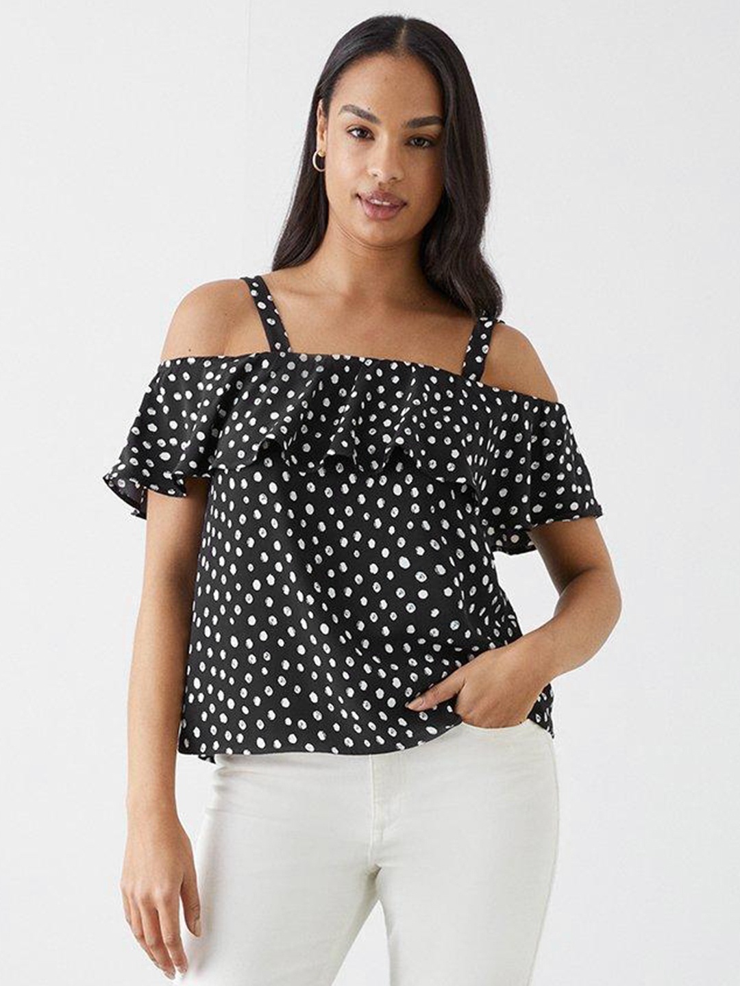 

DOROTHY PERKINS Printed Flutter Sleeves Layered Bardot Top, Black