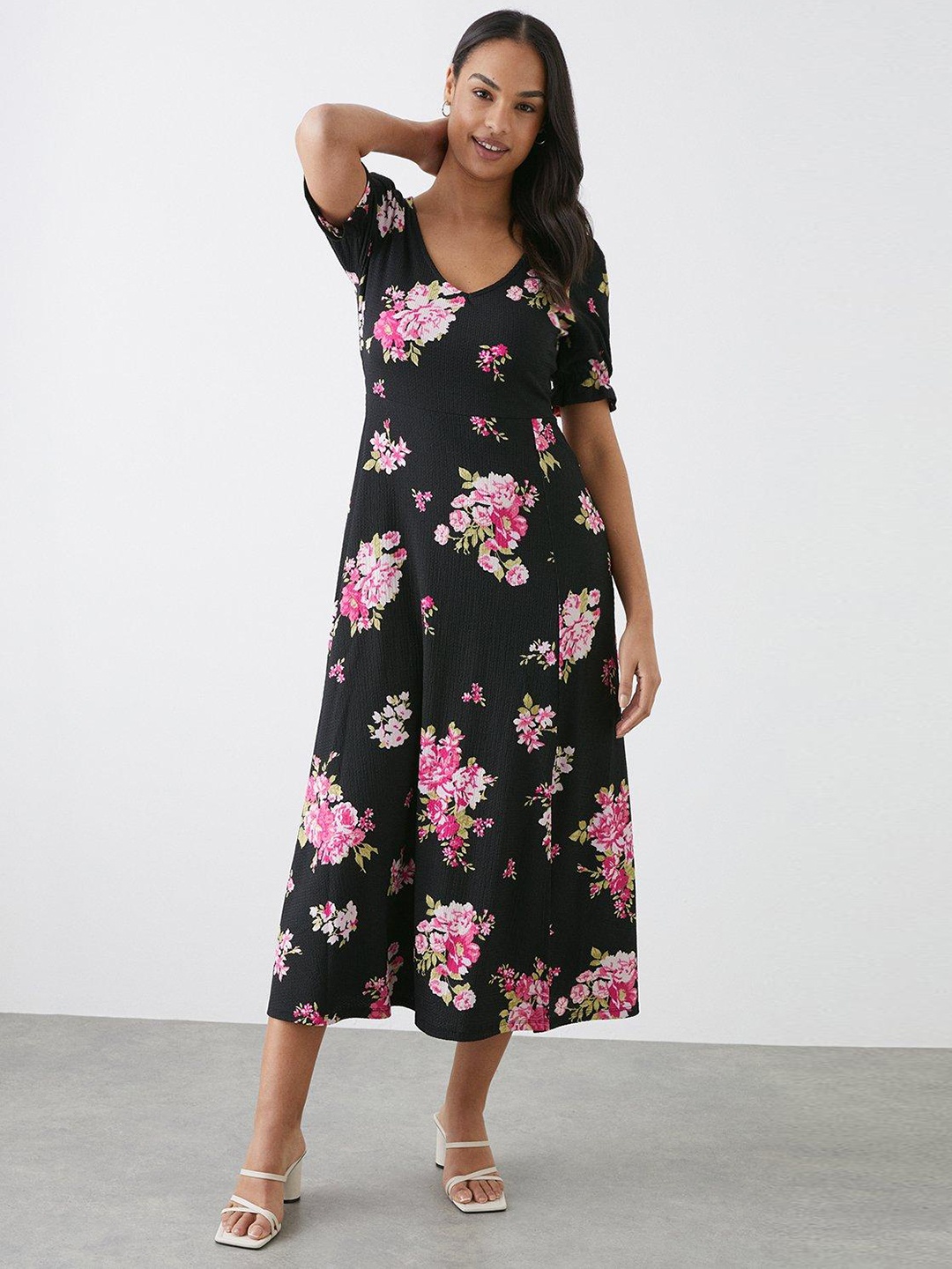 

DOROTHY PERKINS Floral Print Puff Sleeves A-Line Midi Dress, Black