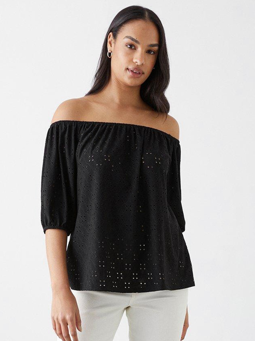 

DOROTHY PERKINS Schiffli Embroidered Off-Shoulder Bardot Top, Black