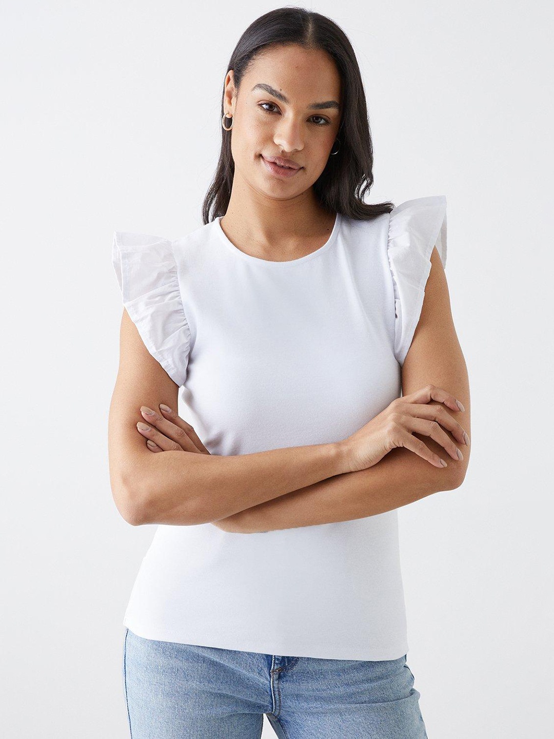 

DOROTHY PERKINS Flutter Sleeves Ruffles Cotton Top, White