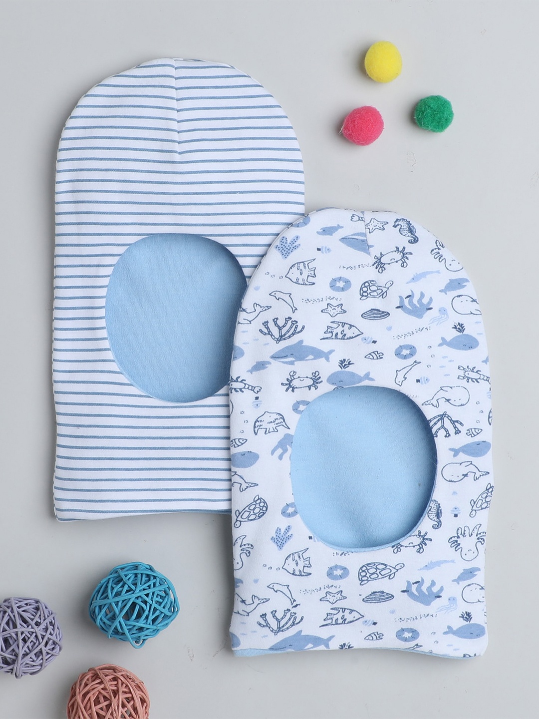 

BUMZEE Boys Pack Of 2 Printed Cotton Reversible Monkey Cap, Blue