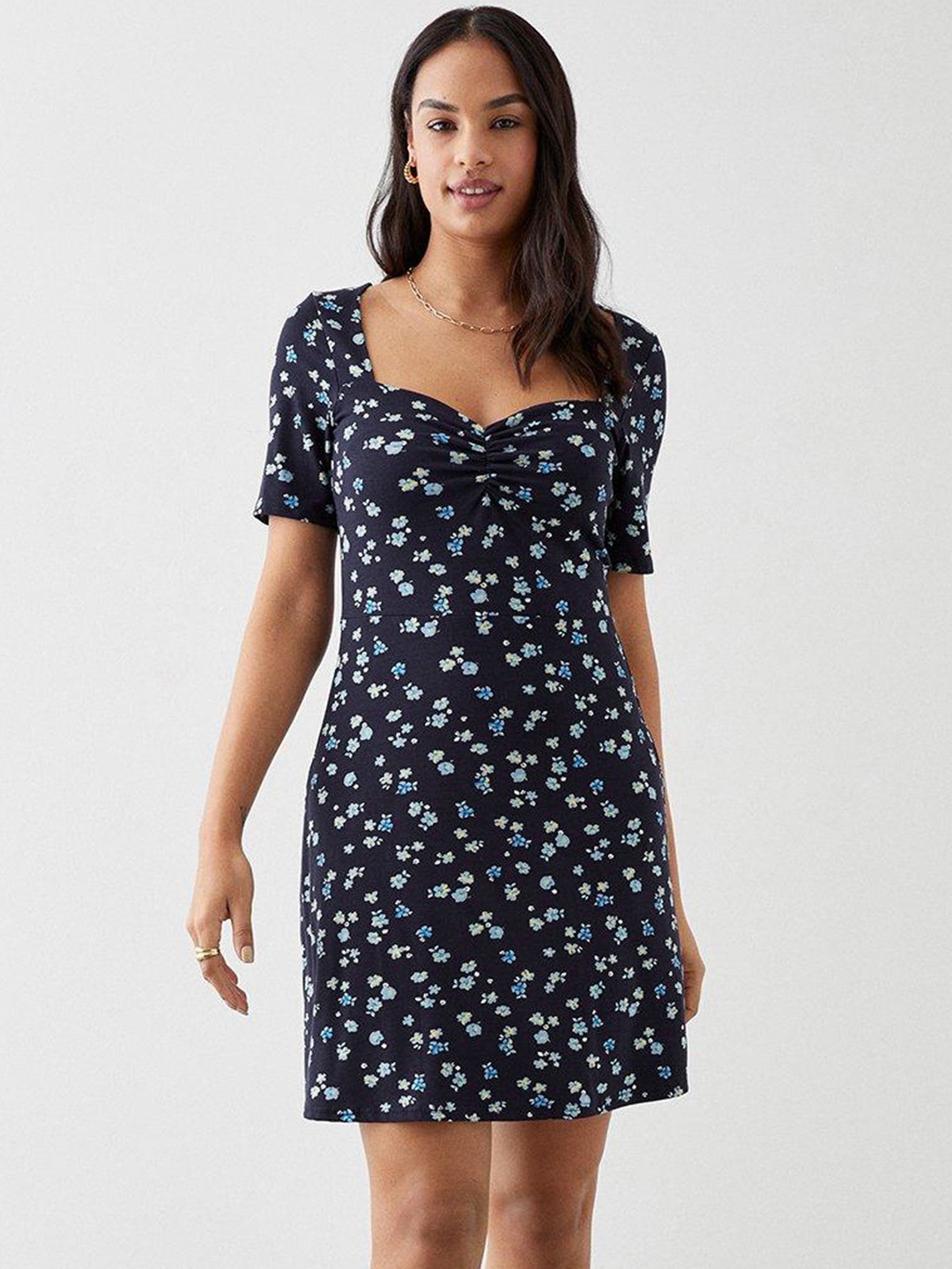 

DOROTHY PERKINS Sweetheart Neck Floral Print A-Line Dress, Navy blue