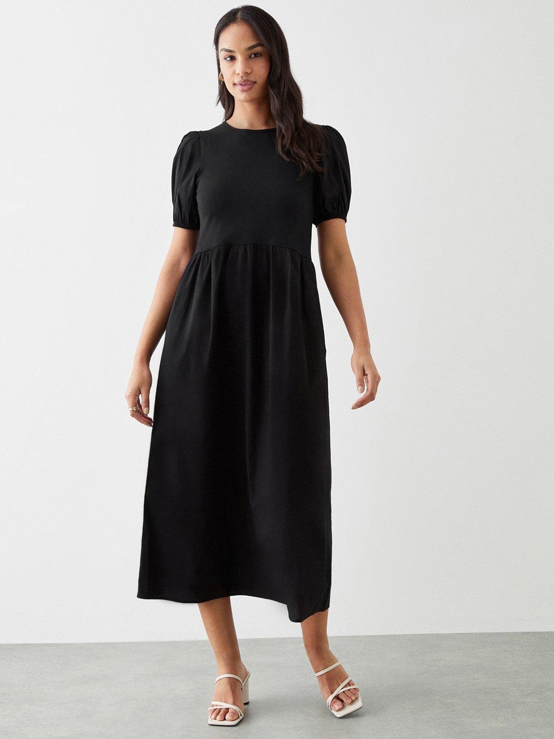 

DOROTHY PERKINS Puff Sleeves A-Line Midi Dress, Black