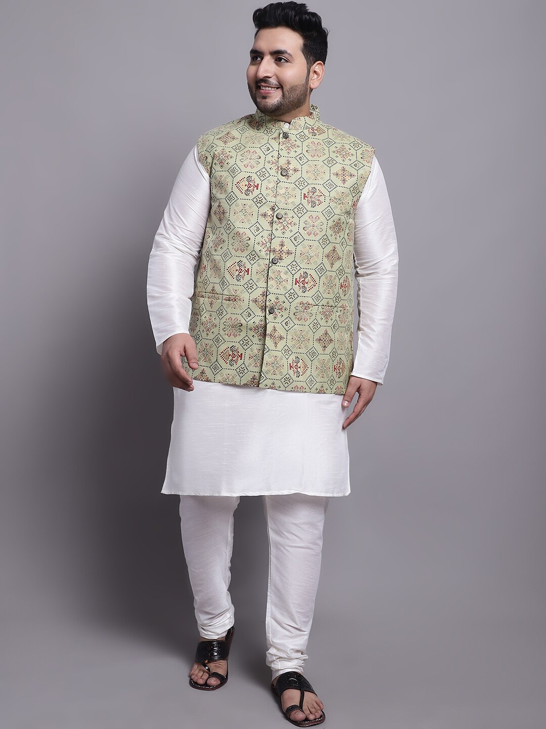

SOJANYA PLUS Dupion Silk Kurta With Pyjamas & With Printed Nehru Jacket, White