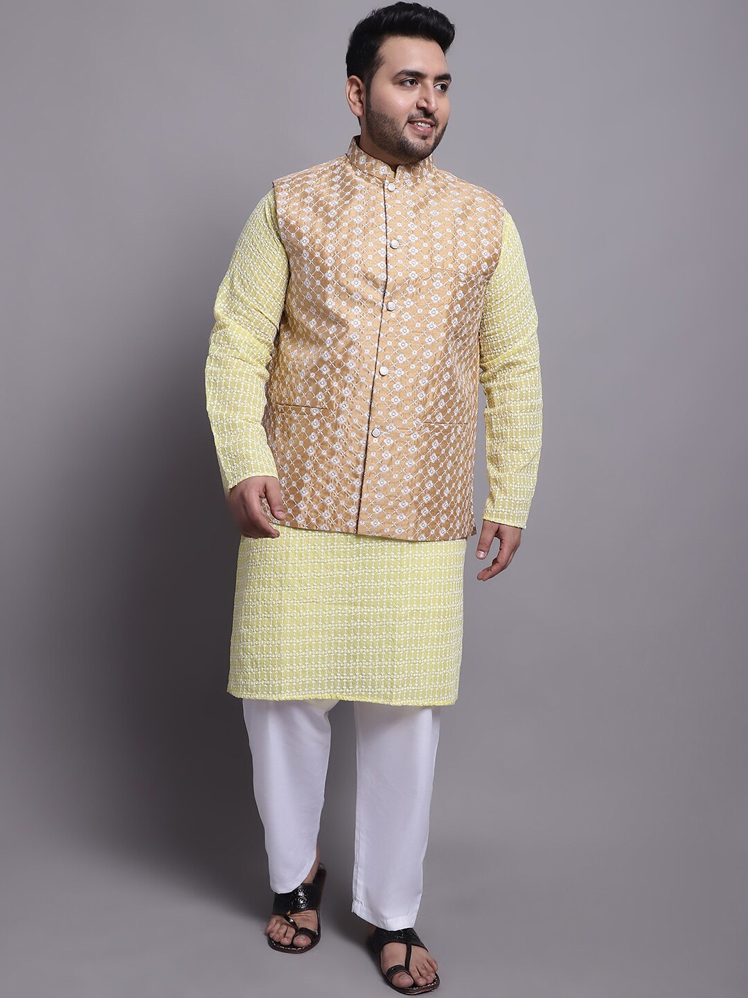 

SOJANYA PLUS Plus Size Embroidered Kurta With Pyjamas & Embroidered Nehru Jacket, Yellow