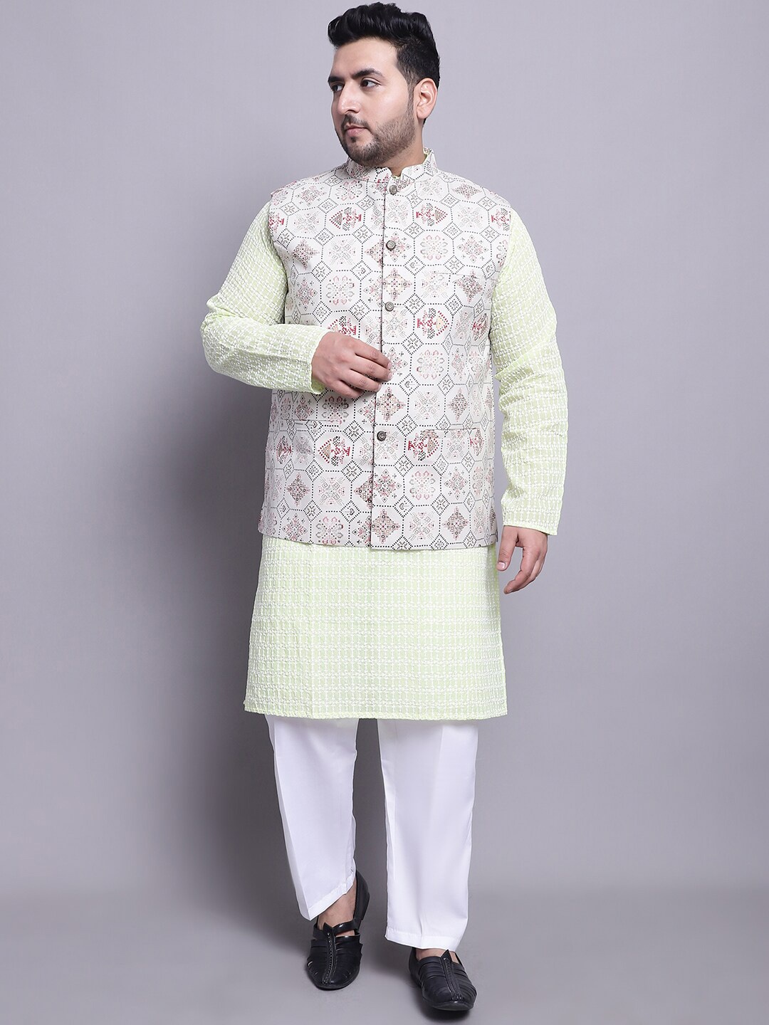 

SOJANYA PLUS Embroidered Pure Cotton Kurta With Pyjamas & With Printed Nehru Jacket, Yellow