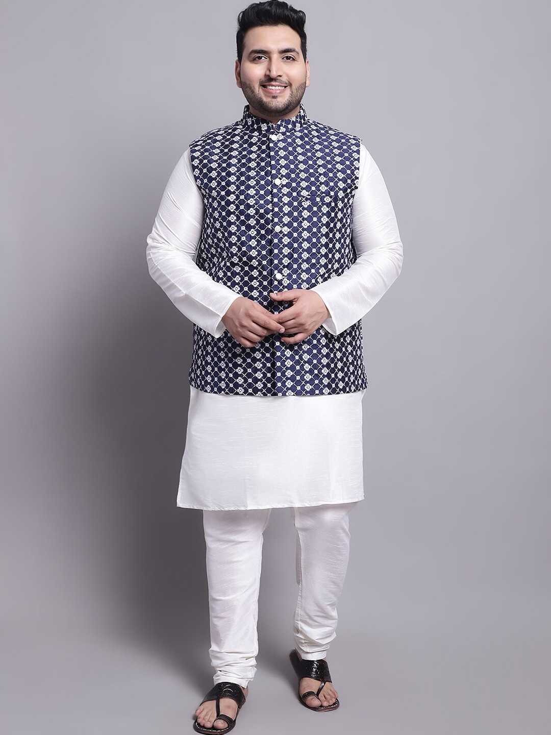 

SOJANYA PLUS Regular Straight Dupion Silk Kurta & Pyjamas With Nehru Jacket, Cream