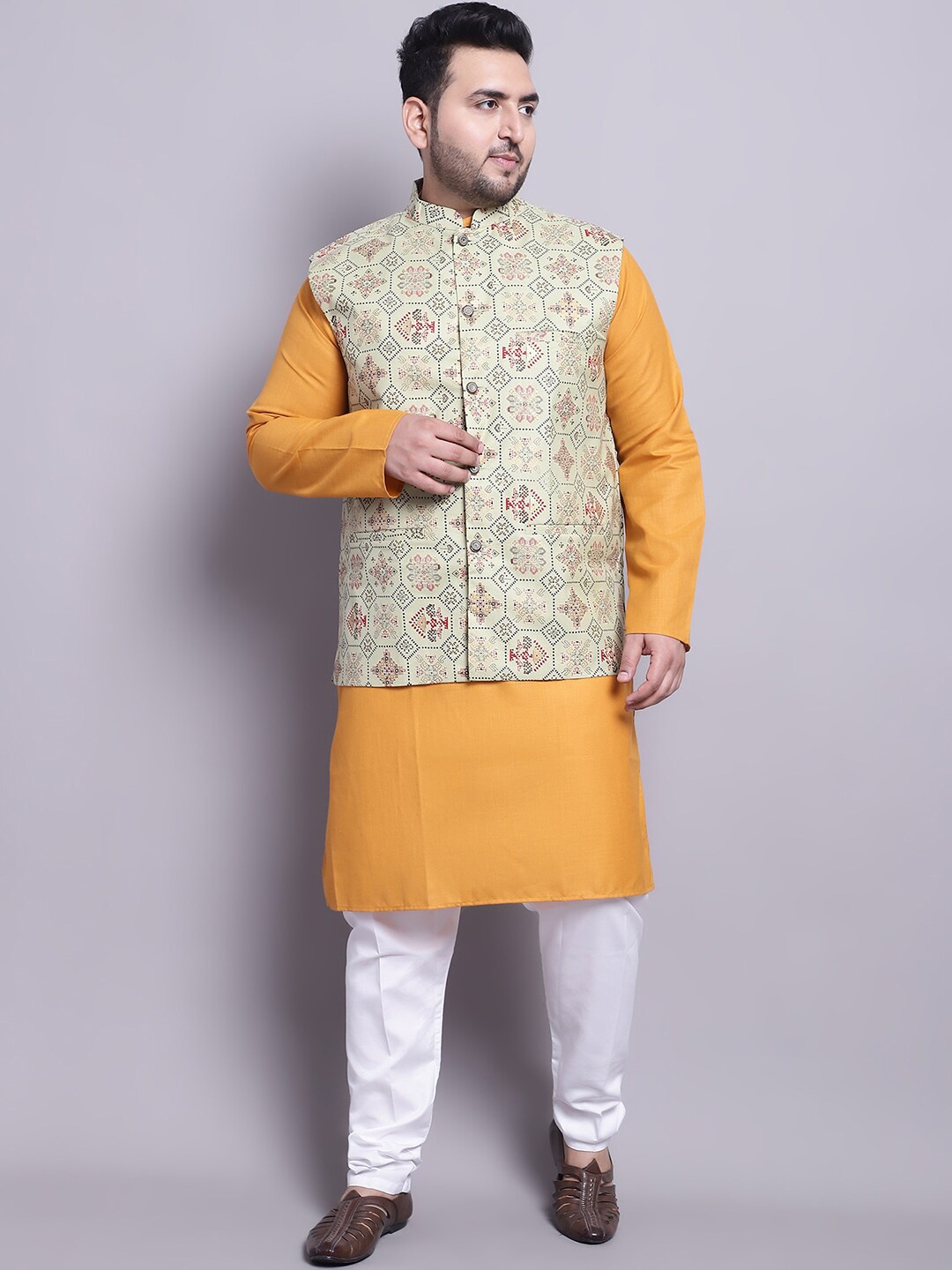 

SOJANYA PLUS Kurta With Pyjamas & Nehru Jacket, Mustard