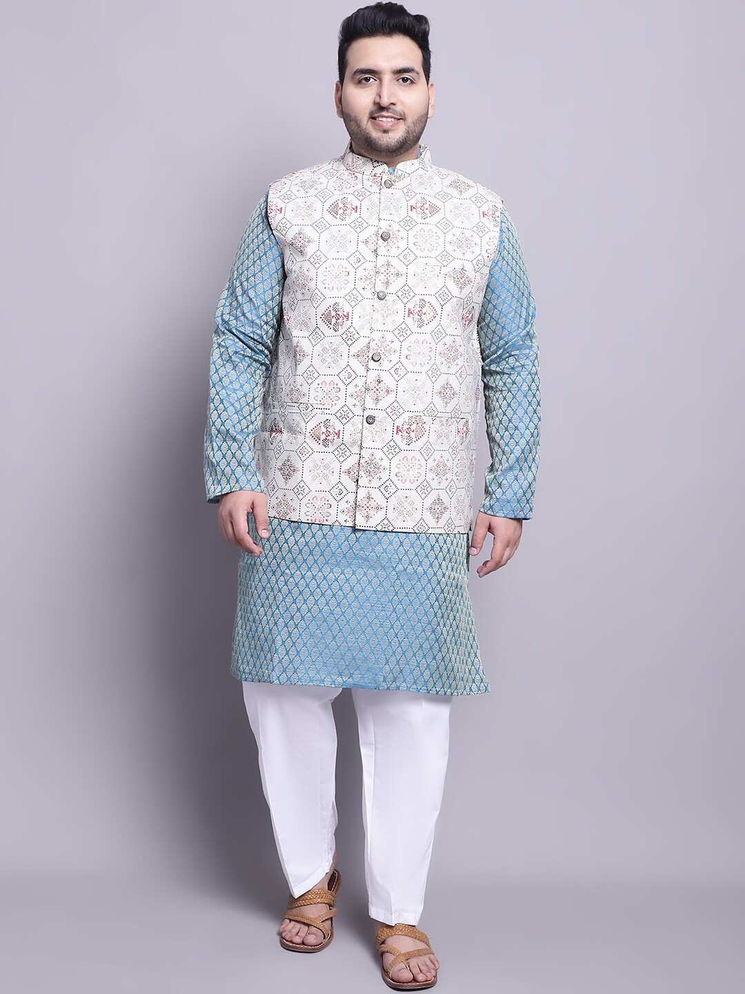 SOJANYA PLUS Ethnic Motifs Woven Design Kurta With Pyjamas & Nehru Jacket, Blue