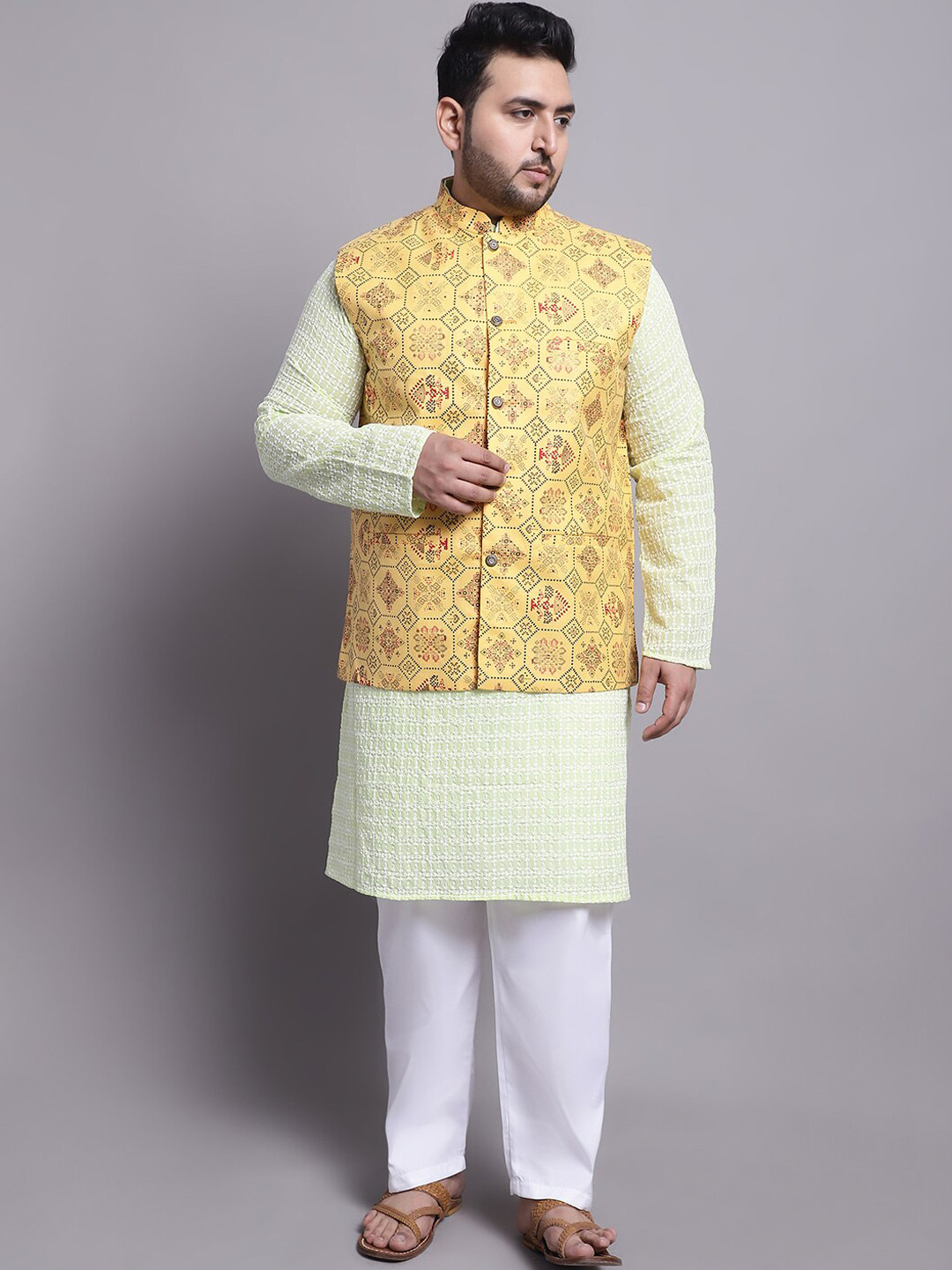 

SOJANYA PLUS Embroidered Pure Cotton Kurta With Pyjamas & With Printed Nehru Jacket, Yellow