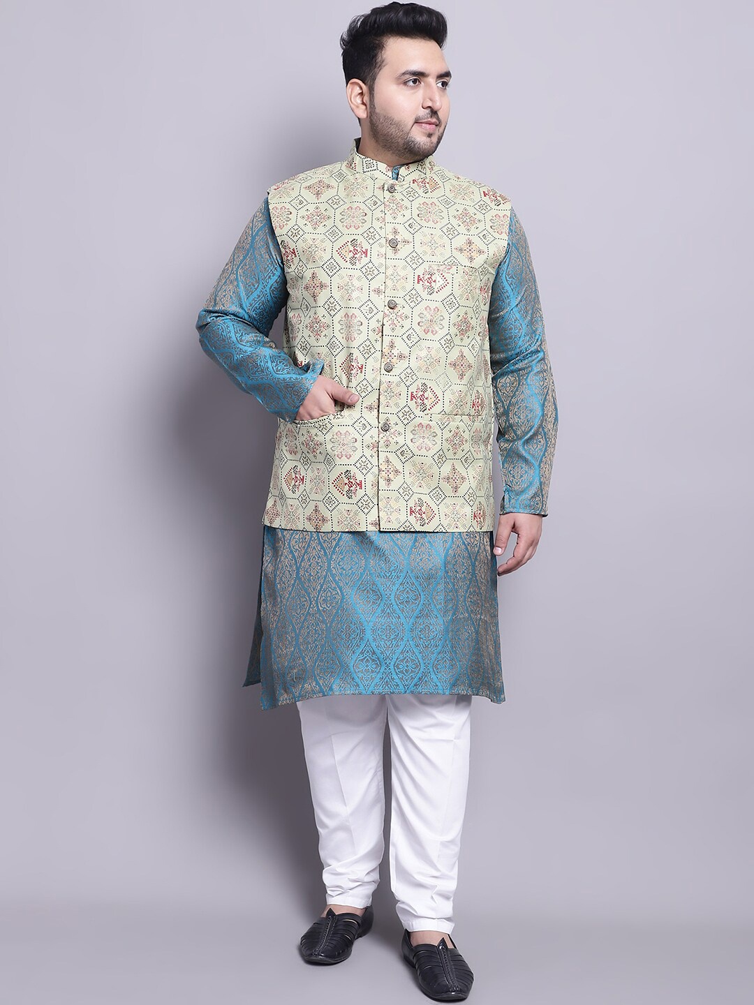 

SOJANYA PLUS Plus Size Woven Design Kurta With Pyjamas & Printed Nehru Jacket, Blue