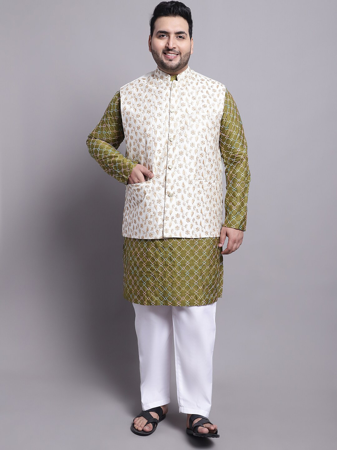 

SOJANYA PLUS Embroidered Thread Work Kurta With Pyjamas & With Embroidered Nehru Jacket, Olive
