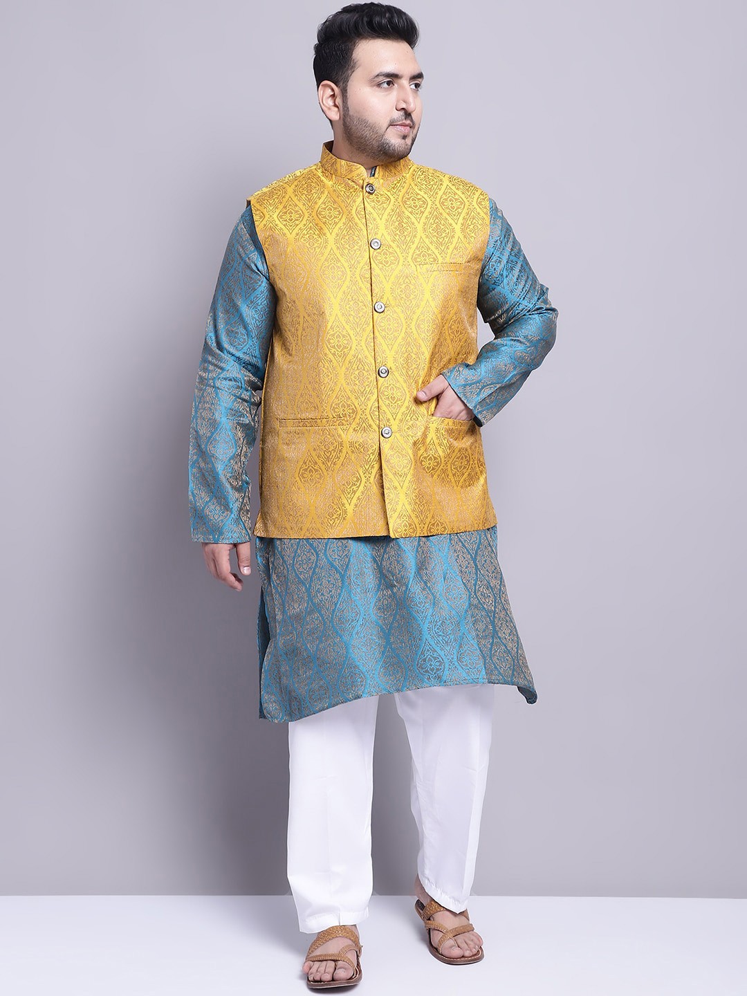 SOJANYA PLUS Ethnic Motifs Woven Design Kurta With Pyjamas & Nehru Jacket, Blue