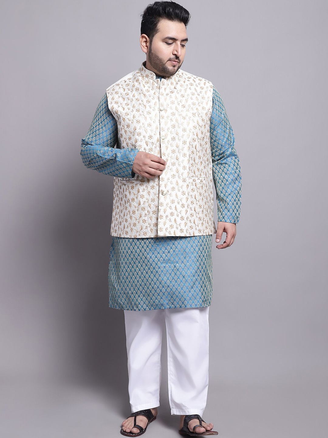SOJANYA PLUS Woven Design Regular Kurta With Pyjamas & With Embroidered Nehru Jacket, Blue