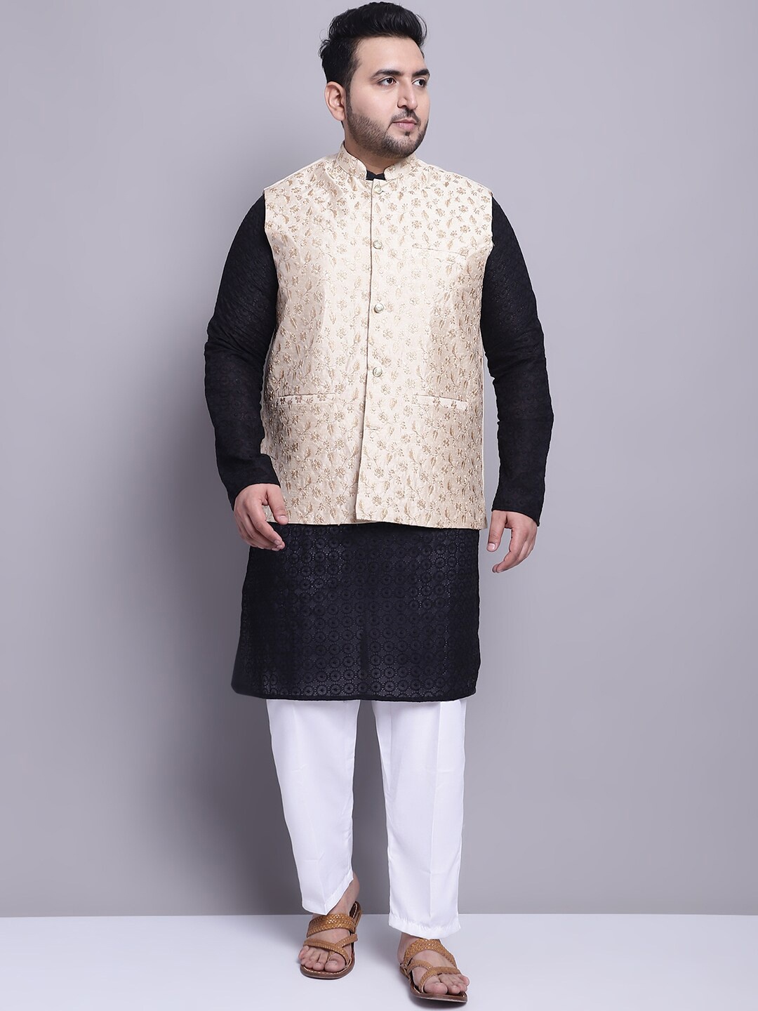 

SOJANYA PLUS Ethnic Motifs Embroidered Kurta With Pyjamas & Nehru Jacket, Black