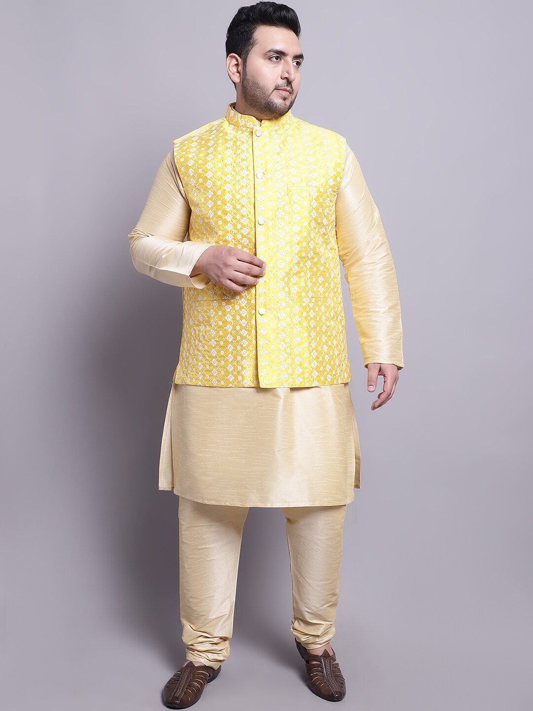 

SOJANYA PLUS Dupion Silk Kurta With Pyjamas & With Embroidered Nehru Jacket, Gold