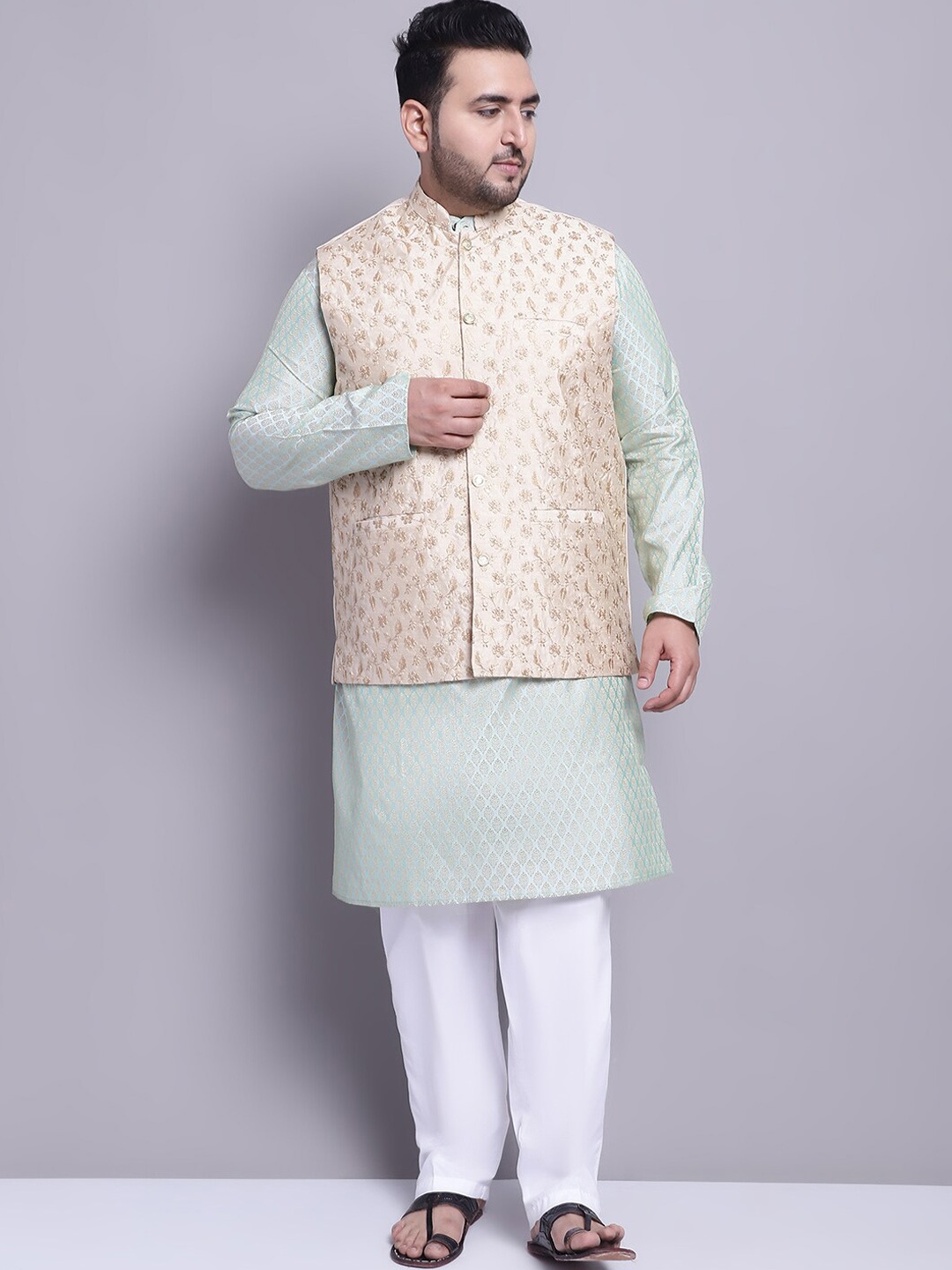 SOJANYA PLUS Plus Size Woven Design Kurta With Pyjamas & Floral Emboidered Nehru Jacket, Green