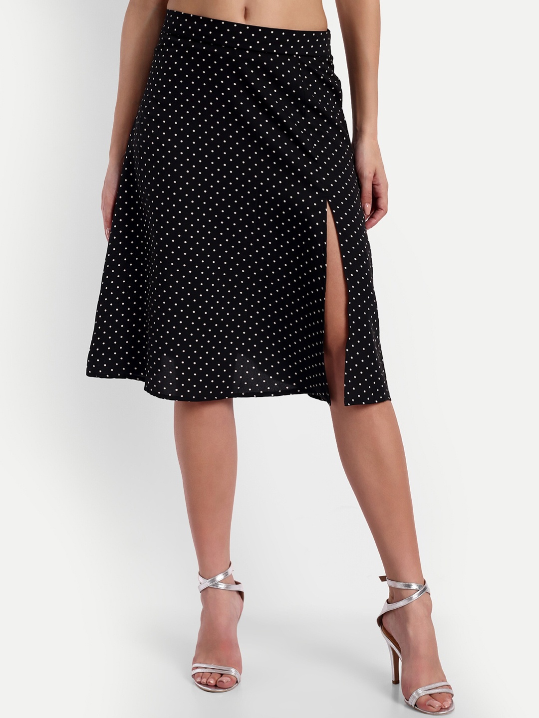 

ESSQUE Polka Dot Printed Front Slit A-Line Midi Skirt, Black