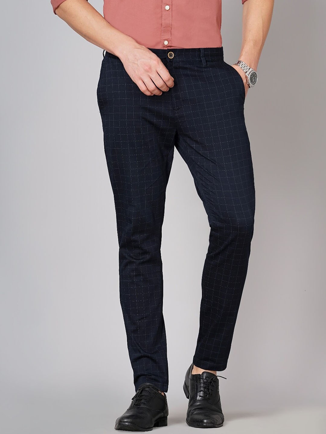 

British Club Men Checked Smart Slim Fit Low-Rise Cotton Formal Trousers, Navy blue