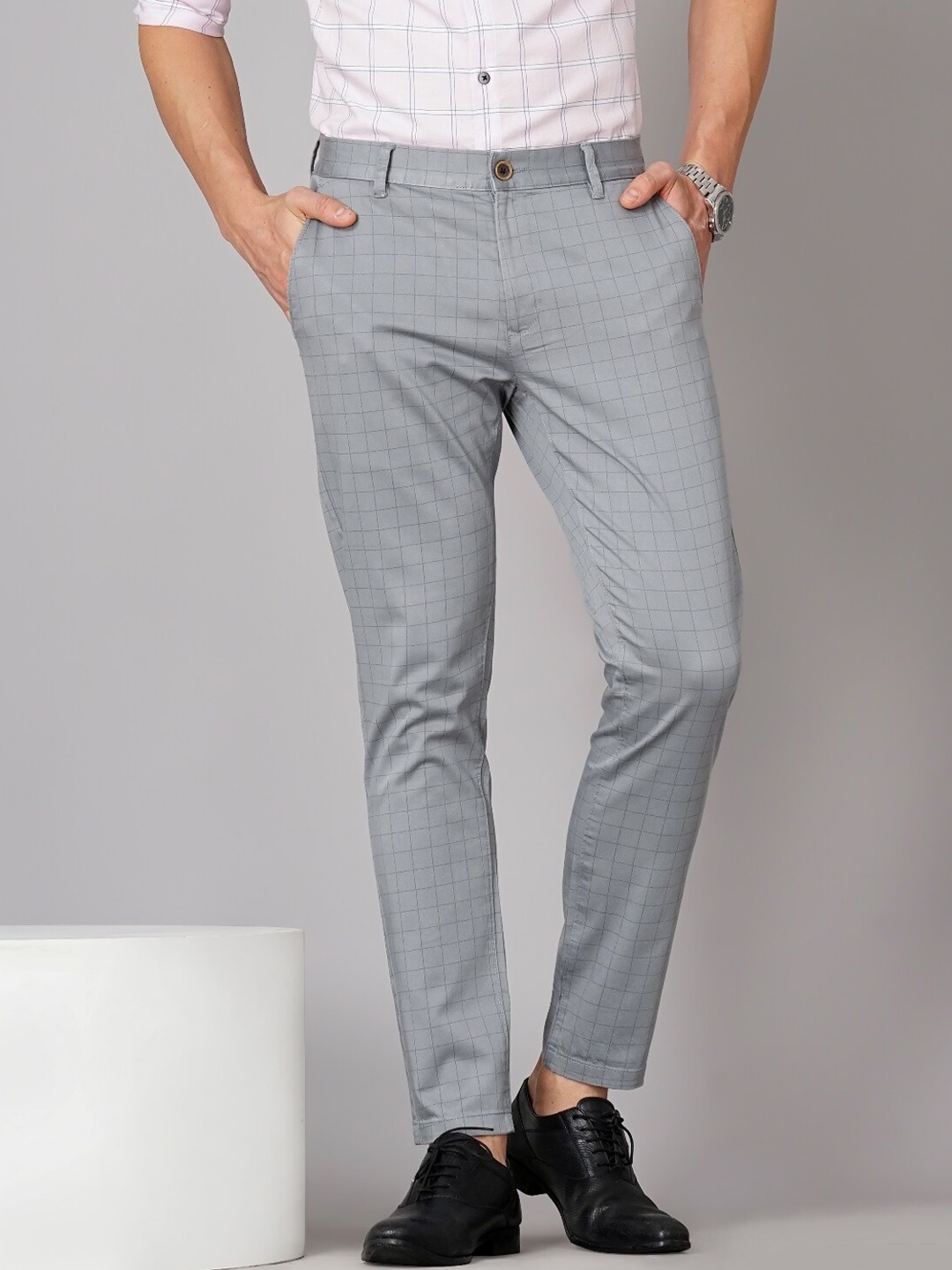 

British Club Men Checked Smart Slim Fit Low-Rise Cotton Formal Trousers, Grey
