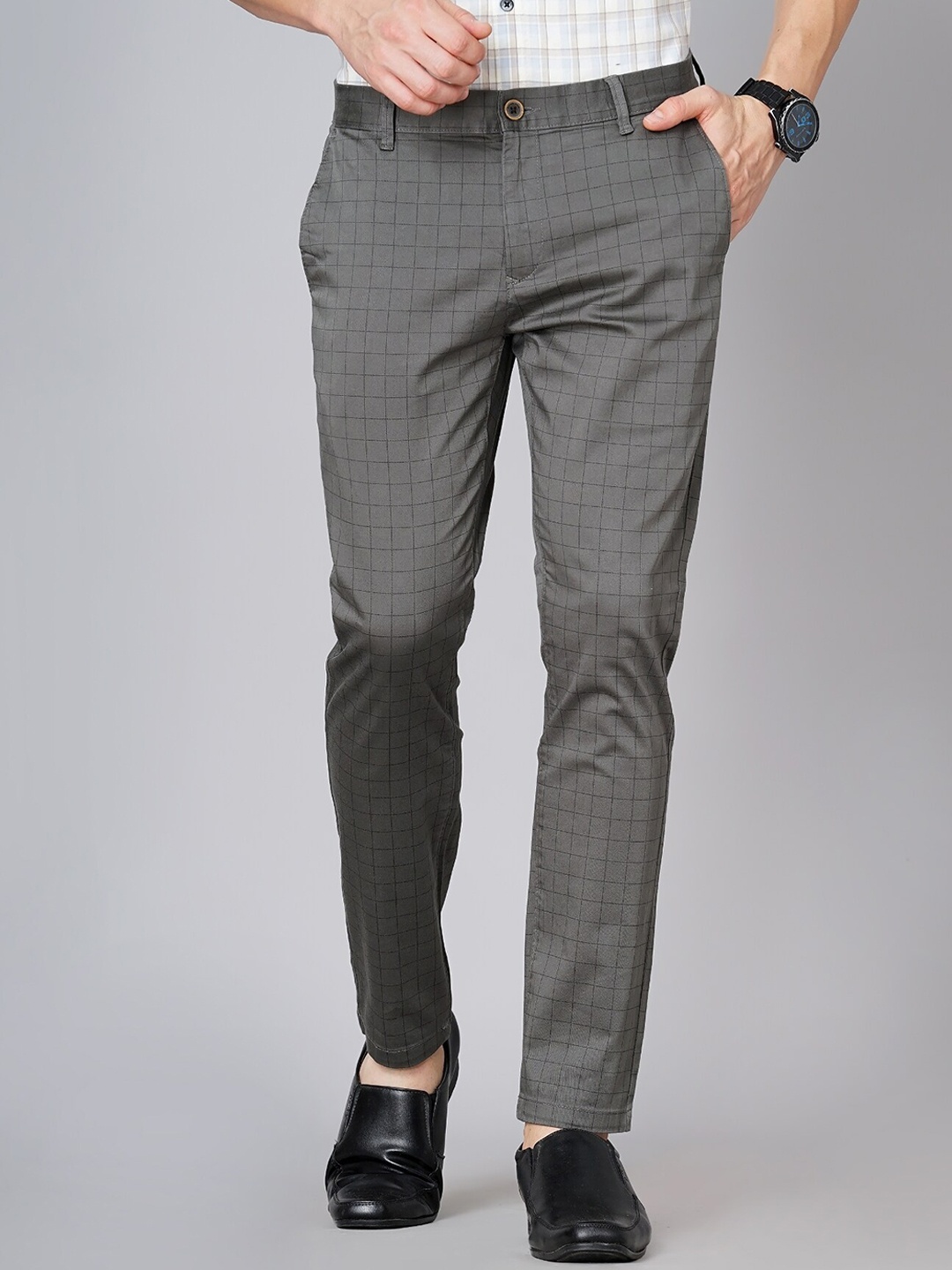 

British Club Men Checked Smart Slim Fit Low-Rise Cotton Formal Trousers, Olive