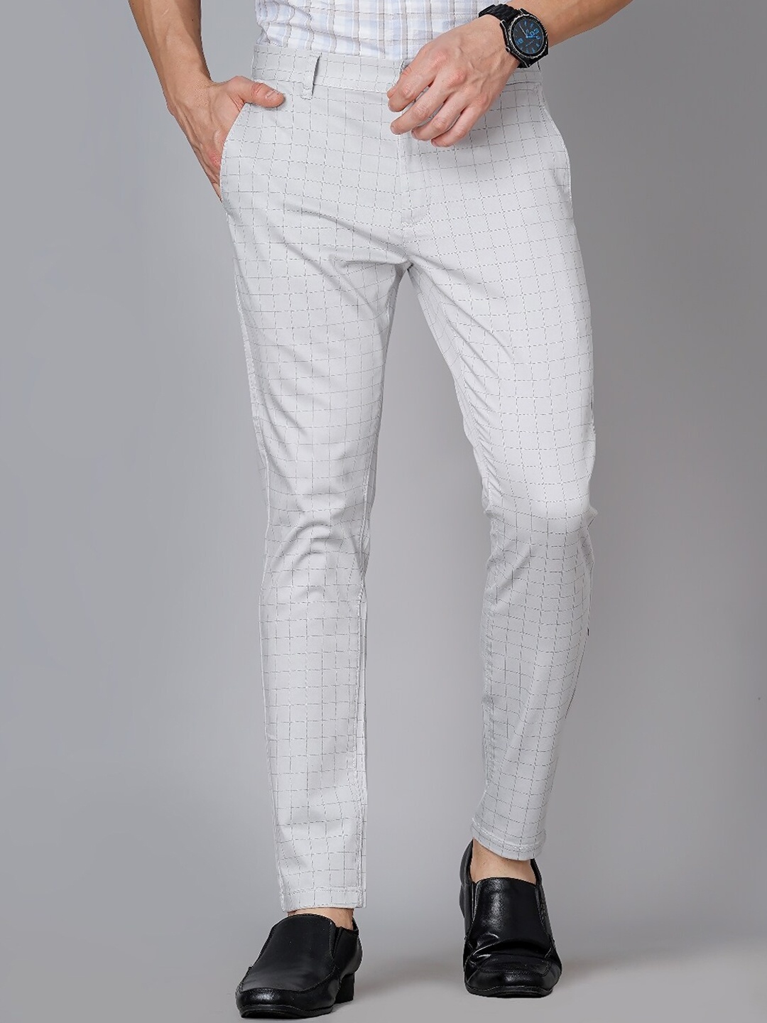 

British Club Men Checked Smart Slim Fit Low-Rise Cotton Formal Trousers, Grey