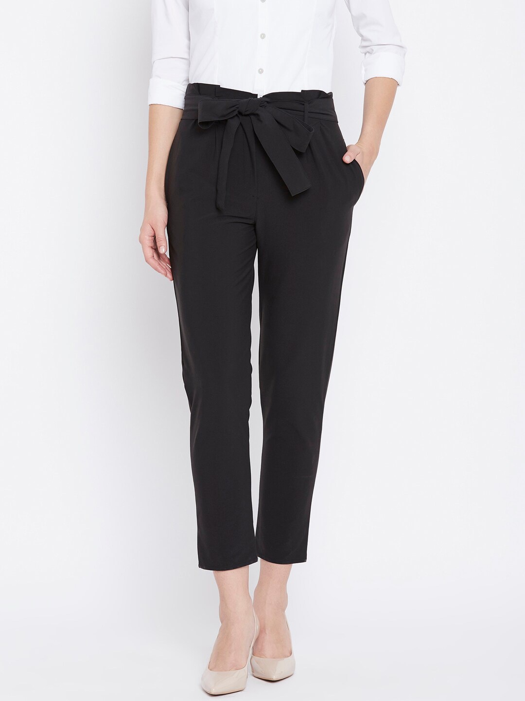 

Zastraa Women Black Relaxed Straight Leg Straight Fit High-Rise Pleated Peg Trousers