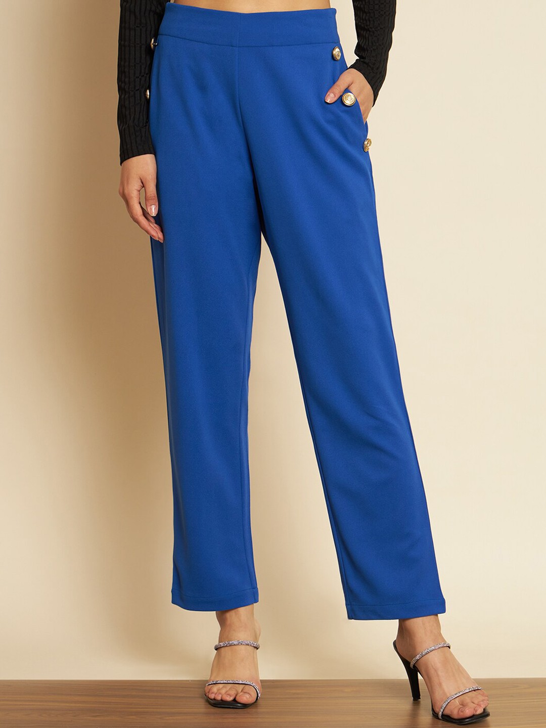 

Zastraa Women Blue Relaxed Straight Leg Straight Fit High-Rise Trousers