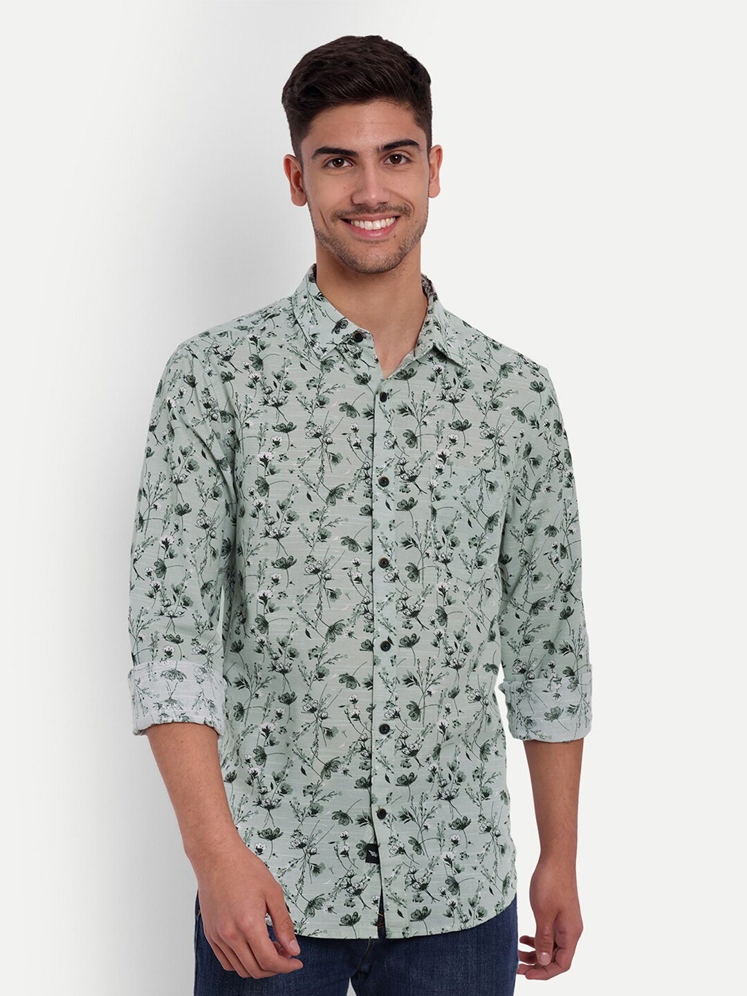 VALEN CLUB Slim Fit Floral Printed Pure Cotton Casual Shirt, Green