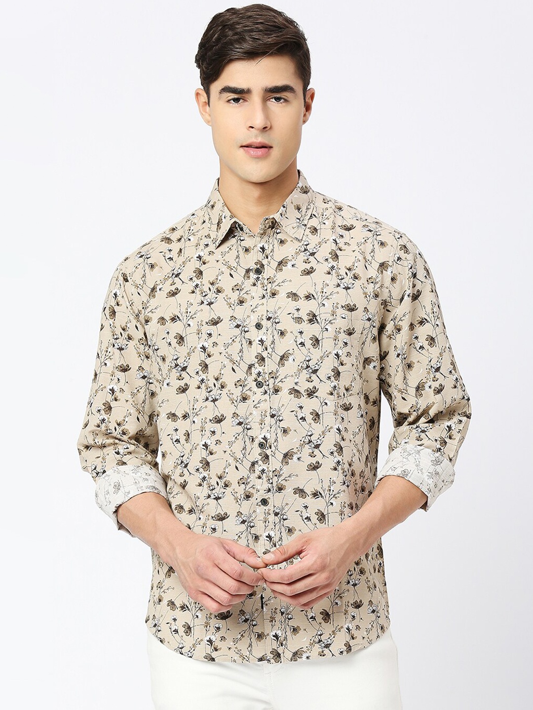 

VALEN CLUB Slim Fit Floral Printed Pure Cotton Casual Shirt, Brown
