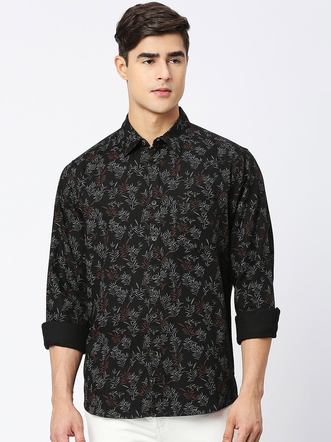 VALEN CLUB Slim Fit Floral Printed Pure Cotton Casual Shirt, Black