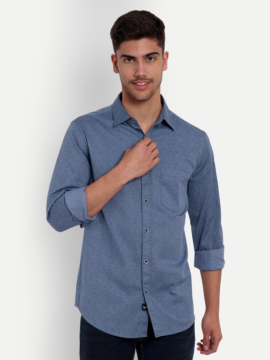 

VALEN CLUB Blue Slim Fit Micro Ditsy Printed Pure Cotton Casual Shirt